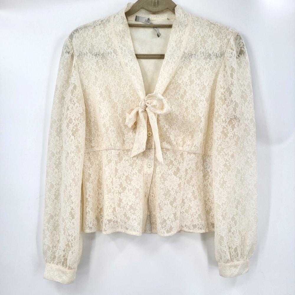 Lace Button Front Cream Retro Secretary Blouse